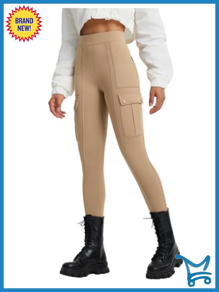 Fleece Lined Cargo Leggings Thermal Hiking Pants Water Resistant Pockets